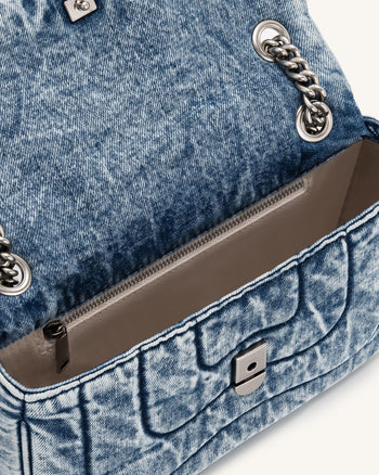 Tina 牛仔布絎縫鏈條斜背包 - 藍色