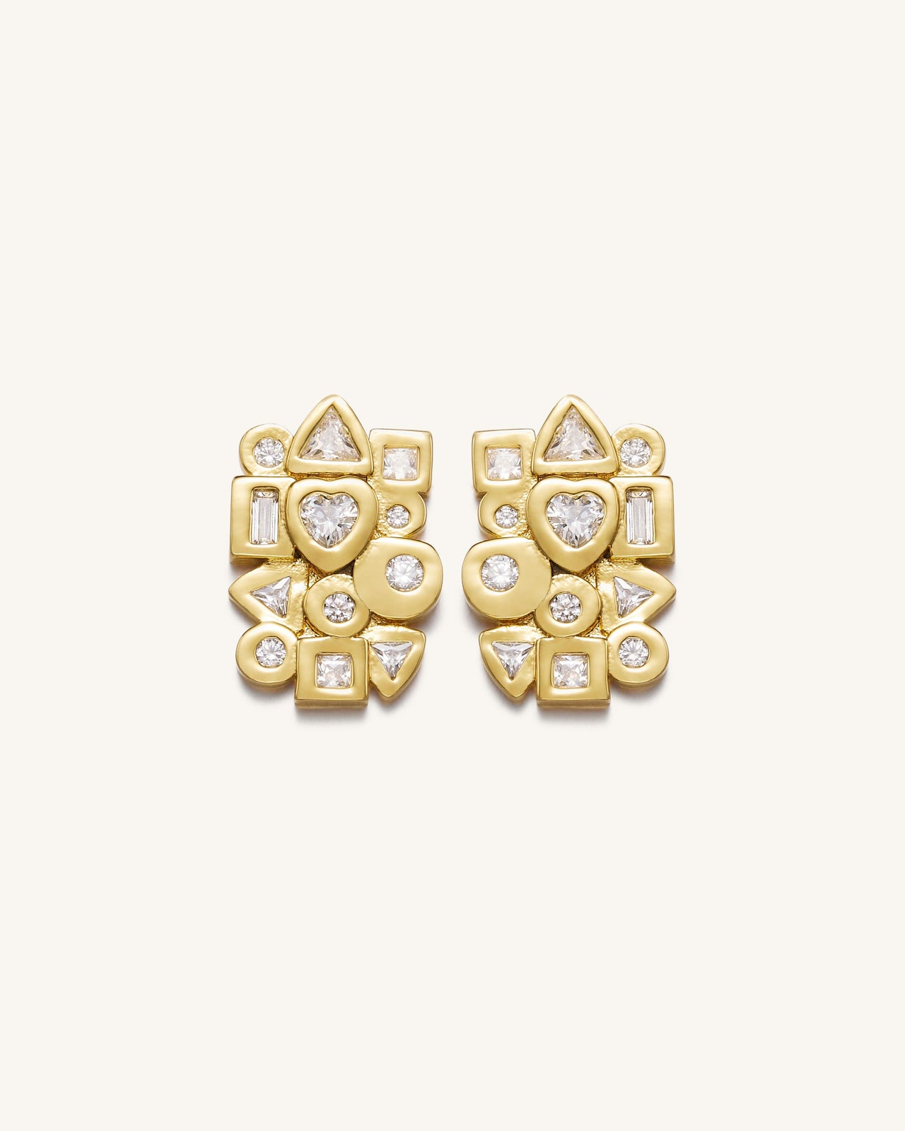 幾何組合耳環 -18ct 鍍金&白色鋯石